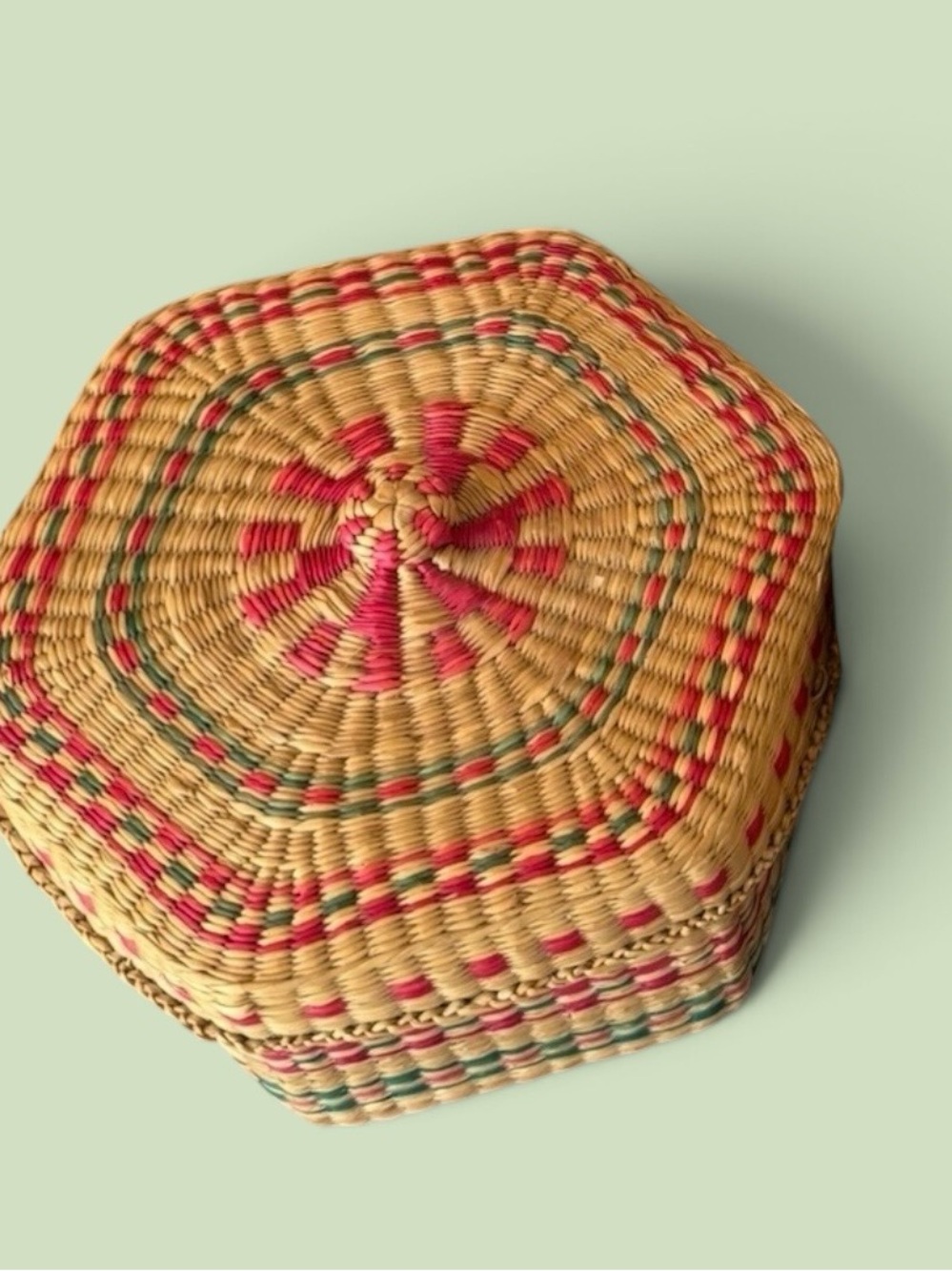 Vintage~Basket~ Hexagonal~Lidded~ Sweetgrass~Woven~Boho Style Decor~Trinket Box